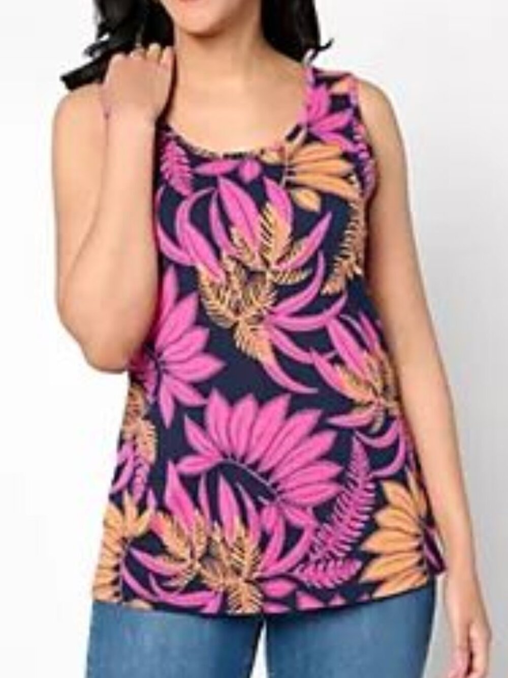 Denim & Co. Beach Navy Tropical Print Jersey Knit Tank Top- Scoop Neck- 5X-NWT - Picture 5 of 5